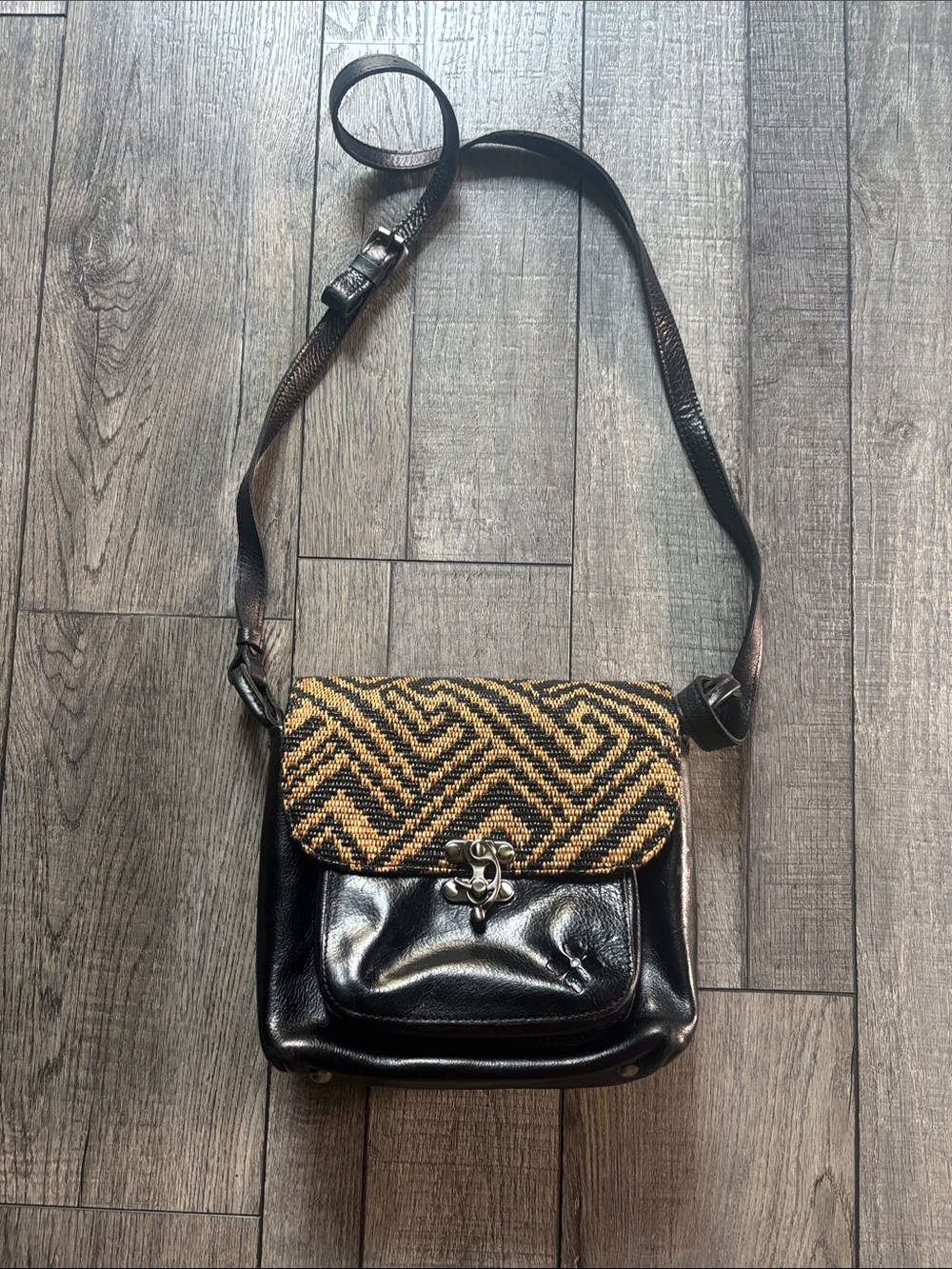 Patricia Nash Black Crossbody with Woven Tan Flap